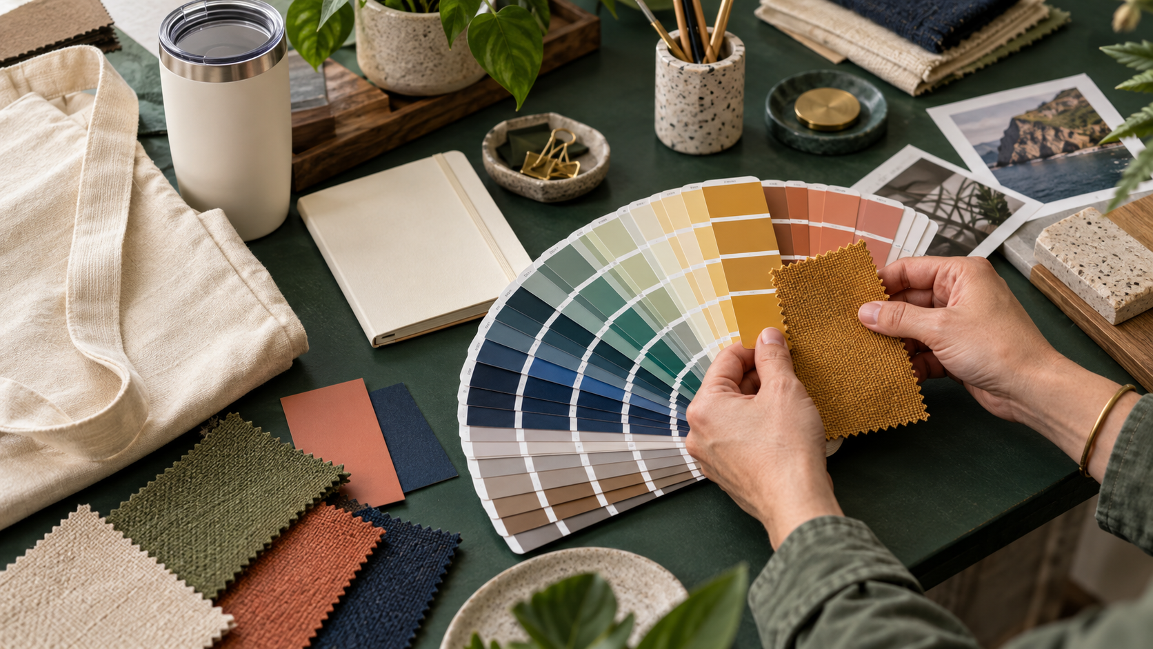 Hands comparing a professional PMS color fan deck with a woven fabric swatch beside product samples