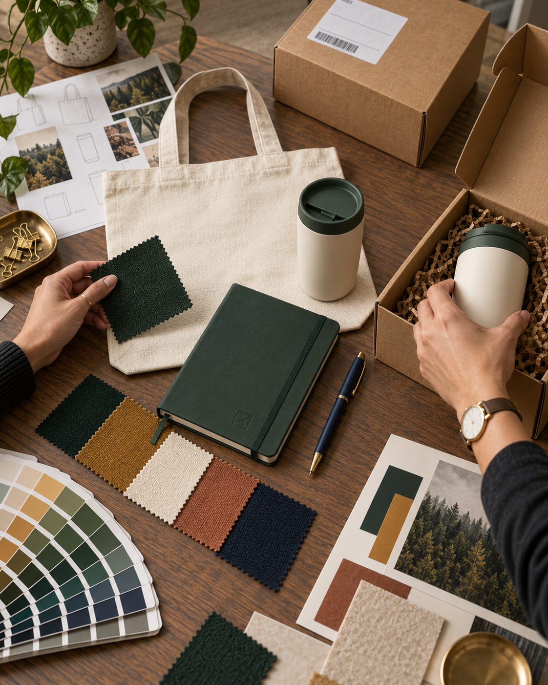 Product samples, color swatches and approved packaging prepared for handoff
