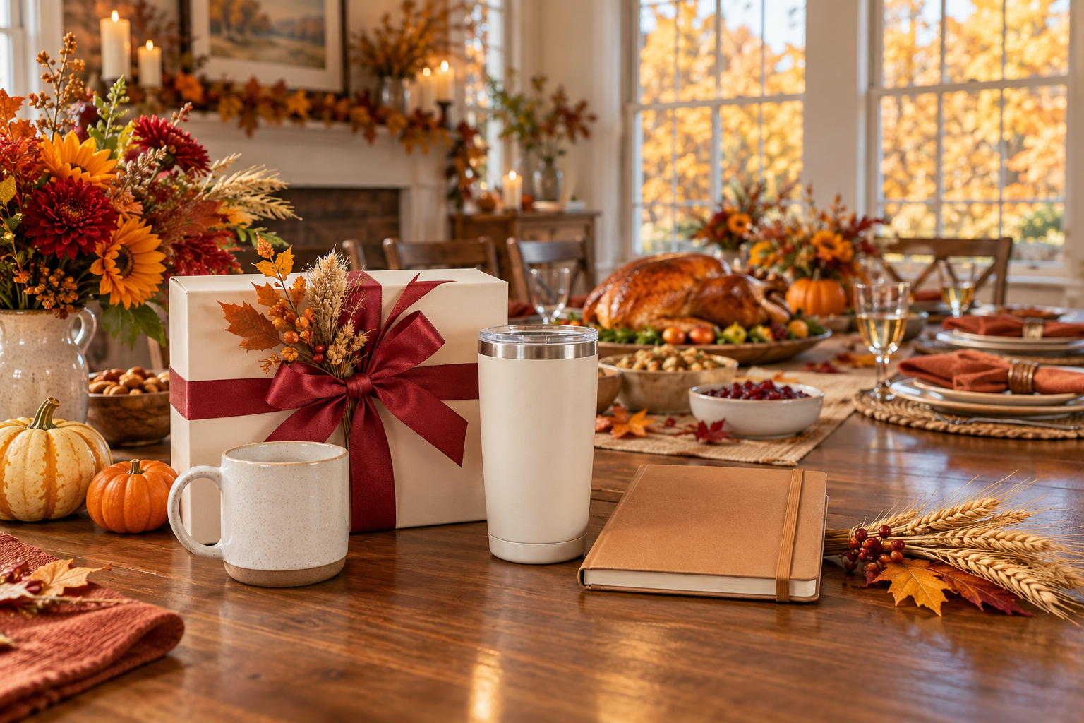 Thanksgiving corporate gift box, tumbler, mug and notebook in a warm seasonal dining setting